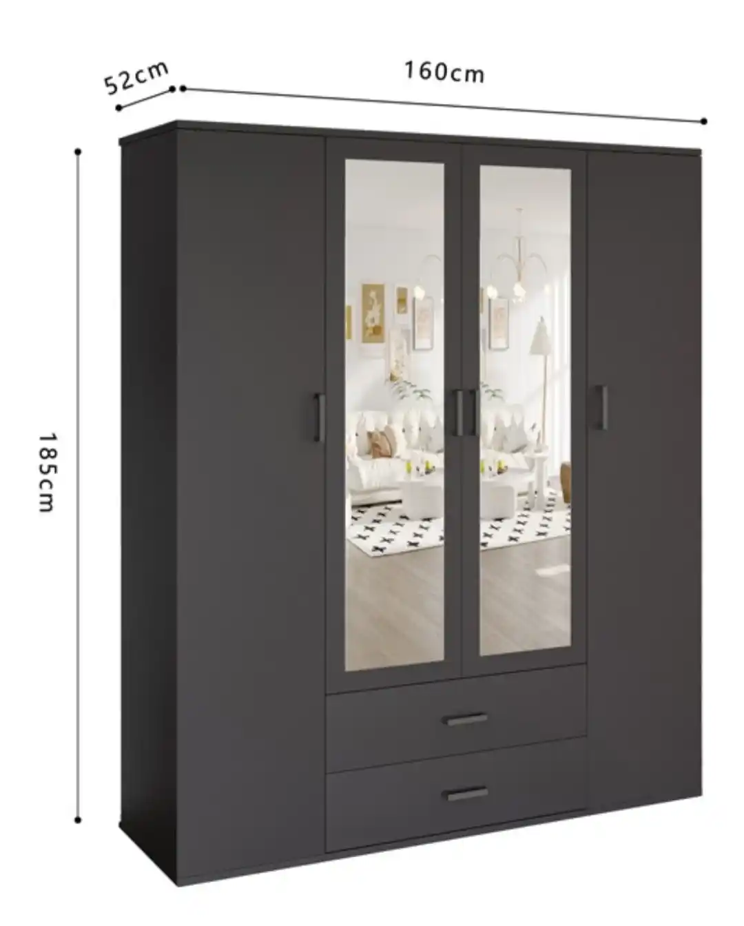 Armoire 160 Marc Gris foncé 4 portes avec 2 miroirs – Image 4