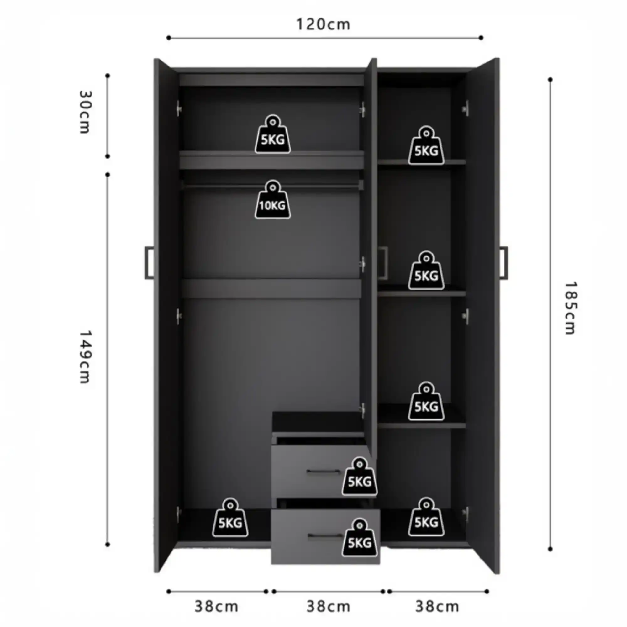 Armoire 120 Marc gris foncé 3 portes avec miroir – Image 3