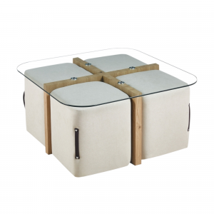 Table basse Shana avec 4 poufs tissu Décor Chêne vieilli