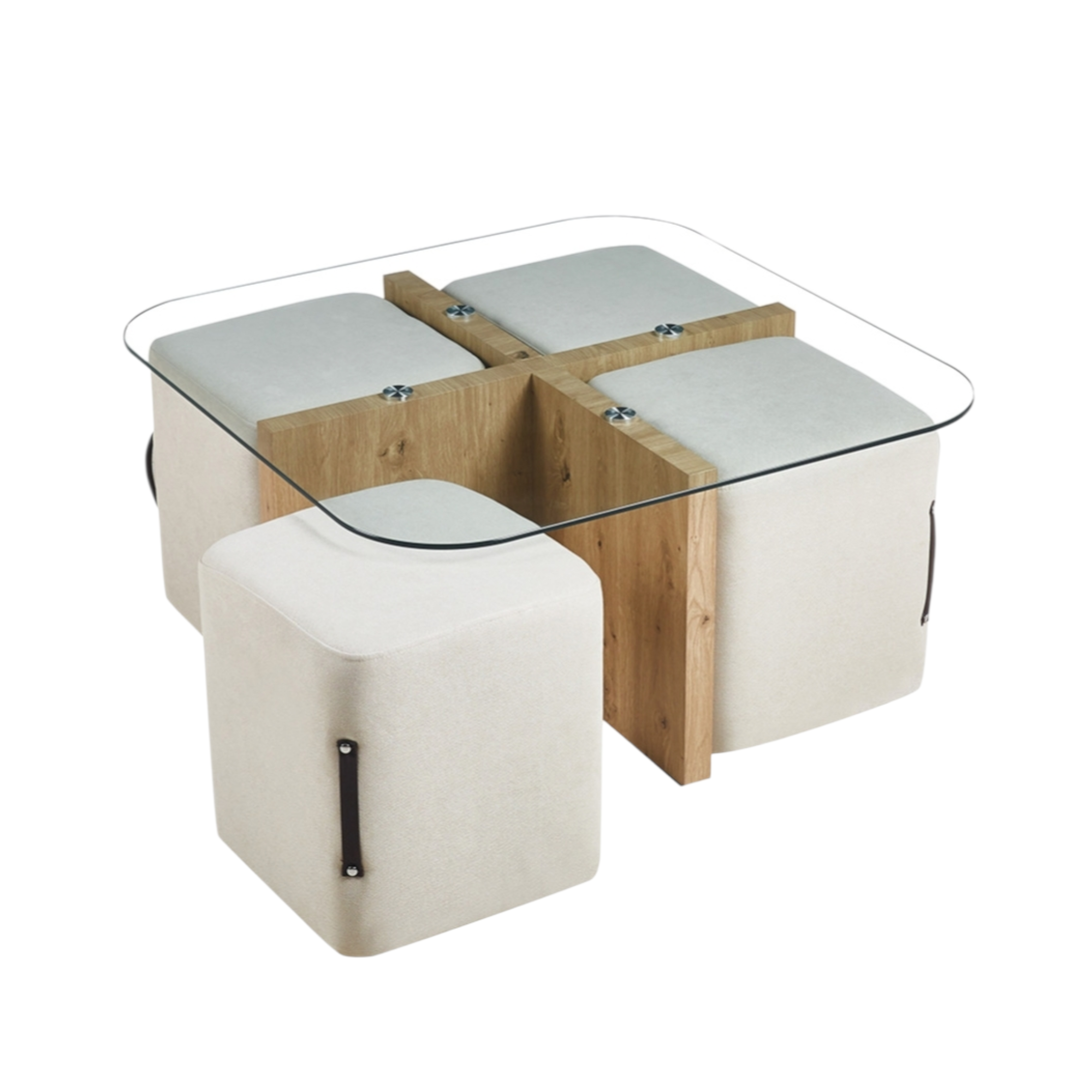 Table basse Shana avec 4 poufs tissu Décor Chêne vieilli – Image 3