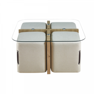 Table basse Shana avec 4 poufs tissu Décor Chêne vieilli