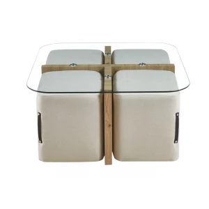 Table basse Shana avec 4 poufs tissu Décor Chêne vieilli