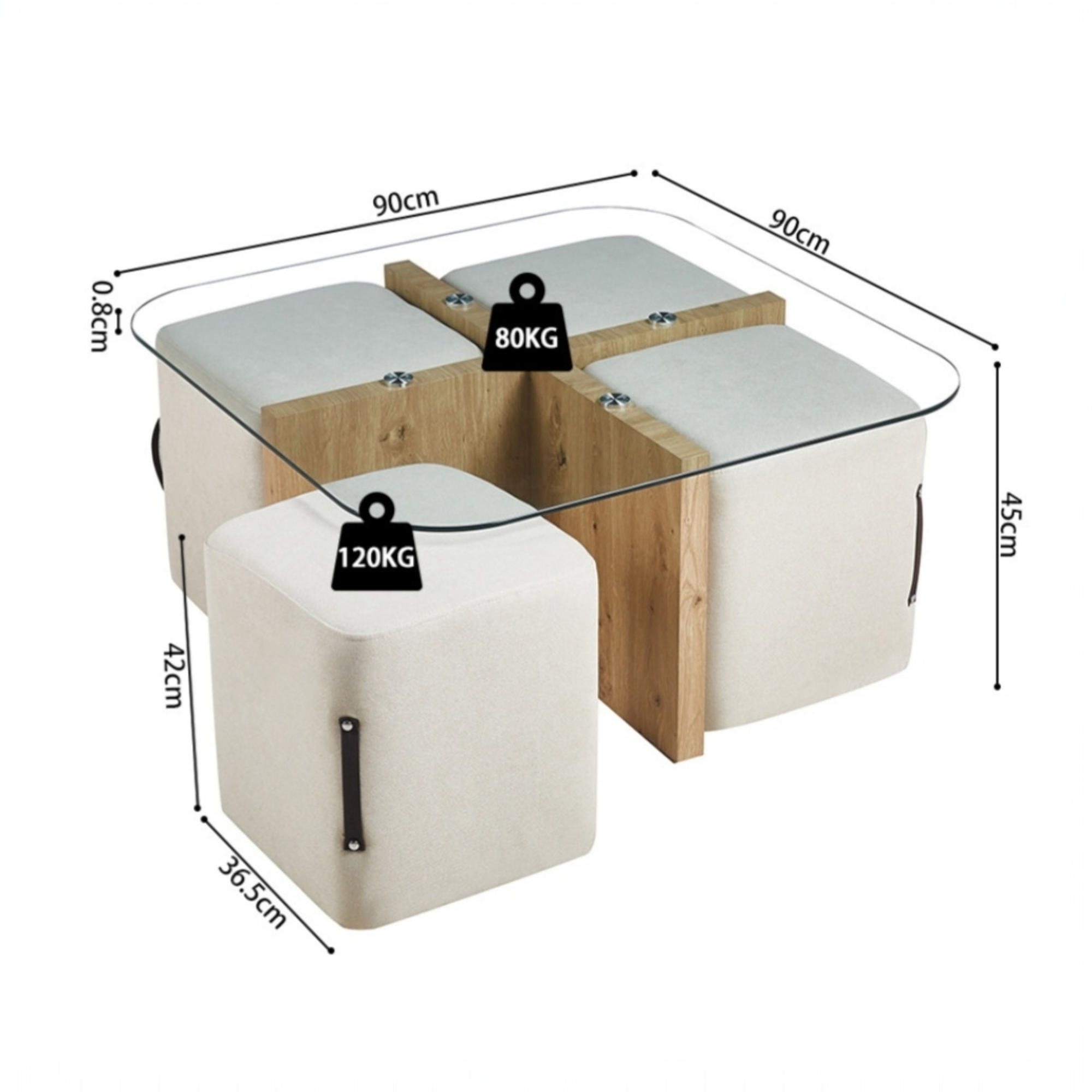 Table basse Shana avec 4 poufs tissu Décor Chêne vieilli – Image 4