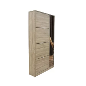 Rangement chaussures Marcel 4 tiroirs et 1 porte miroir D&eacute;cor Sonoma hauteur 159 cm