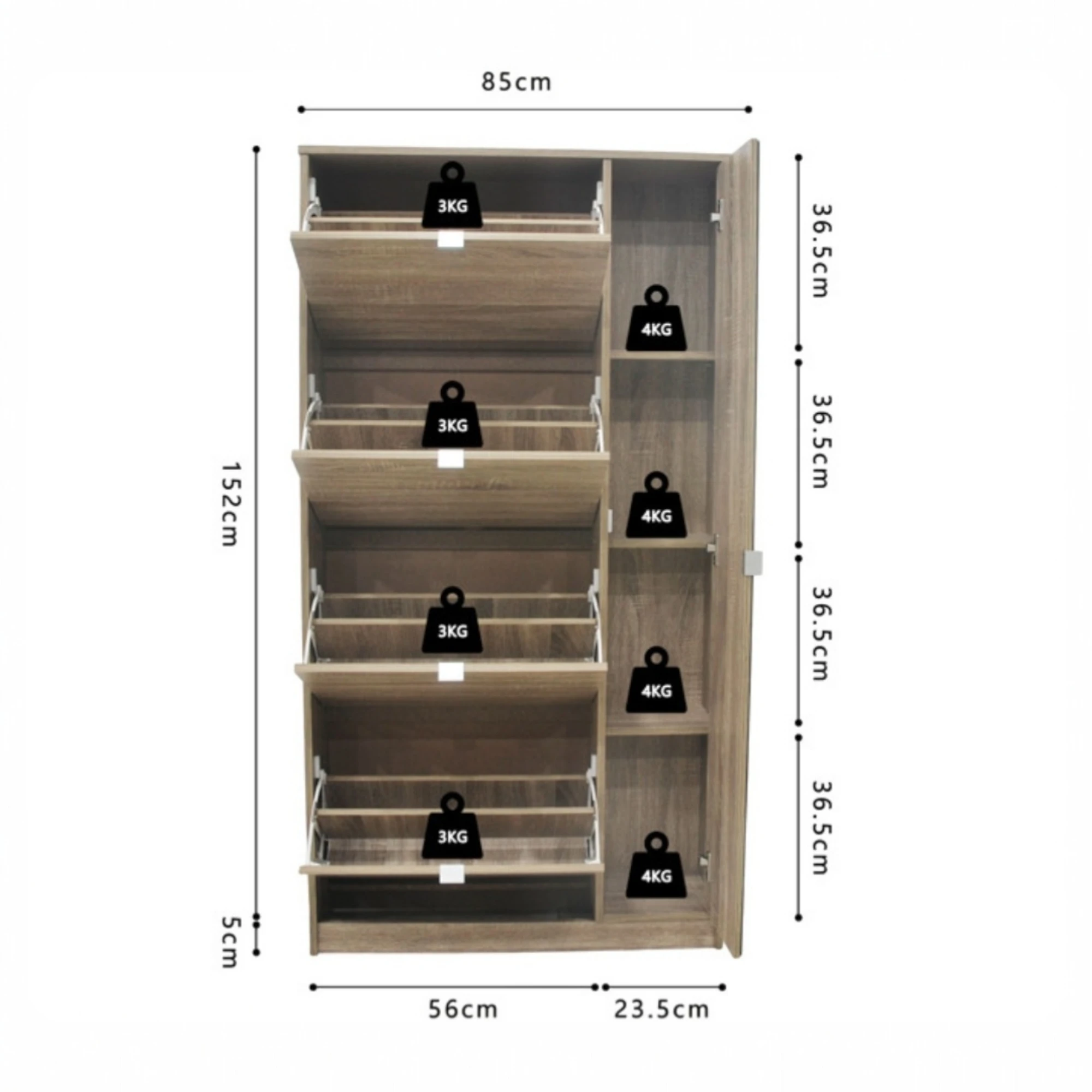 Rangement chaussures Marcel 4 tiroirs et 1 porte miroir Décor Sonoma hauteur 159 cm – Image 6